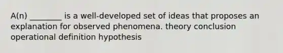 A(n) ________ is a well-developed set of ideas that proposes an explanation for observed phenomena. theory conclusion operational definition hypothesis