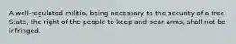 A well-regulated militia, being necessary to the security of a free State, the right of the people to keep and bear arms, shall not be infringed.
