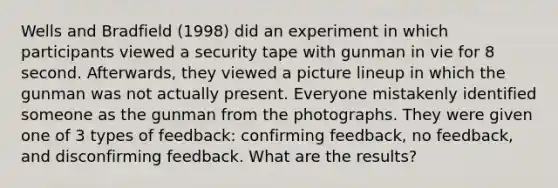 Wells and Bradfield (1998) did an experiment in which participants viewed a security tape with gunman in vie for 8 second. Afterwards, they viewed a picture lineup in which the gunman was not actually present. Everyone mistakenly identified someone as the gunman from the photographs. They were given one of 3 types of feedback: confirming feedback, no feedback, and disconfirming feedback. What are the results?