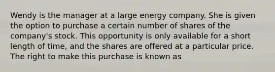 Wendy is the manager at a large energy company. She is given the option to purchase a certain number of shares of the company's stock. This opportunity is only available for a short length of time, and the shares are offered at a particular price. The right to make this purchase is known as