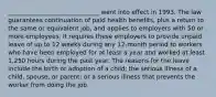 ______________________________ went into effect in 1993. The law guarantees continuation of paid health benefits, plus a return to the same or equivalent job, and applies to employers with 50 or more employees. It requires these employers to provide unpaid leave of up to 12 weeks during any 12-month period to workers who have been employed for at least a year and worked at least 1,250 hours during the past year. The reasons for the leave include the birth or adoption of a child; the serious illness of a child, spouse, or parent; or a serious illness that prevents the worker from doing the job.