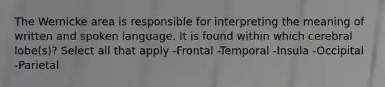 The Wernicke area is responsible for interpreting the meaning of written and spoken language. It is found within which cerebral lobe(s)? Select all that apply -Frontal -Temporal -Insula -Occipital -Parietal