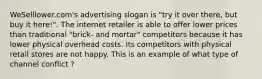 WeSelllower.com's advertising slogan is "try it over there, but buy it here!". The internet retailer is able to offer lower prices than traditional "brick- and mortar" competitors because it has lower physical overhead costs. Its competitors with physical retail stores are not happy. This is an example of what type of channel conflict ?