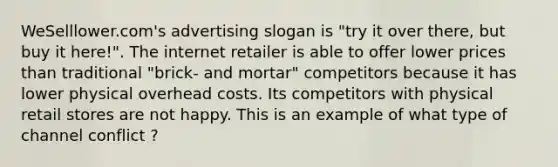 WeSelllower.com's advertising slogan is "try it over there, but buy it here!". The internet retailer is able to offer lower prices than traditional "brick- and mortar" competitors because it has lower physical overhead costs. Its competitors with physical retail stores are not happy. This is an example of what type of channel conflict ?