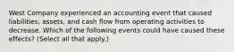 West Company experienced an accounting event that caused liabilities, assets, and cash flow from operating activities to decrease. Which of the following events could have caused these effects? (Select all that apply.)