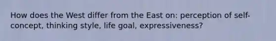 How does the West differ from the East on: perception of self-concept, thinking style, life goal, expressiveness?