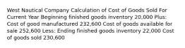 West Nautical Company Calculation of Cost of Goods Sold For Current Year Beginning finished goods inventory 20,000 Plus: Cost of good manufactured 232,600 Cost of goods available for sale 252,600 Less: Ending finished goods inventory 22,000 Cost of goods sold 230,600