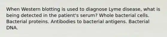 When Western blotting is used to diagnose Lyme disease, what is being detected in the patient's serum? Whole bacterial cells. Bacterial proteins. Antibodies to bacterial antigens. Bacterial DNA.