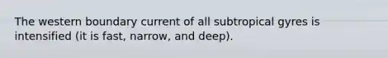 The western boundary current of all subtropical gyres is intensified (it is fast, narrow, and deep).