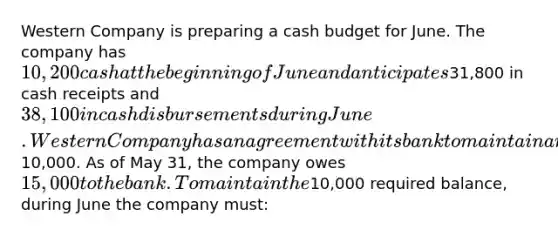 Western Company is preparing a cash budget for June. The company has 10,200 cash at the beginning of June and anticipates31,800 in cash receipts and 38,100 in cash disbursements during June. Western Company has an agreement with its bank to maintain a minimum cash balance of10,000. As of May 31, the company owes 15,000 to the bank. To maintain the10,000 required balance, during June the company must: