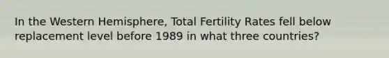 In the Western Hemisphere, Total Fertility Rates fell below replacement level before 1989 in what three countries?