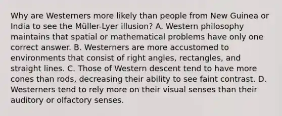 Why are Westerners more likely than people from New Guinea or India to see the Müller-Lyer illusion? A. Western philosophy maintains that spatial or mathematical problems have only one correct answer. B. Westerners are more accustomed to environments that consist of right angles, rectangles, and straight lines. C. Those of Western descent tend to have more cones than rods, decreasing their ability to see faint contrast. D. Westerners tend to rely more on their visual senses than their auditory or olfactory senses.