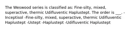 The Weswood series is classified as: Fine-silty, mixed, superactive, thermic Udifluventic Haplustept. The order is ___. -Inceptisol -Fine-silty, mixed, superactive, thermic Udifluventic Haplustept -Ustept -Haplustept -Udifluventic Haplustept