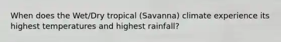 When does the Wet/Dry tropical (Savanna) climate experience its highest temperatures and highest rainfall?