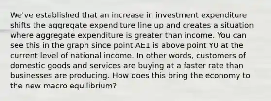 We've established that an increase in investment expenditure shifts the aggregate expenditure line up and creates a situation where aggregate expenditure is greater than income. You can see this in the graph since point AE1 is above point Y0 at the current level of national income. In other words, customers of domestic goods and services are buying at a faster rate than businesses are producing. How does this bring the economy to the new macro equilibrium?