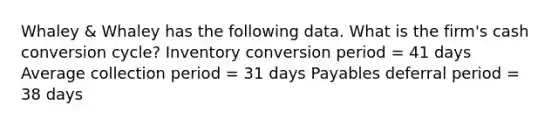 Whaley & Whaley has the following data. What is the firm's cash conversion cycle? Inventory conversion period = 41 days Average collection period = 31 days Payables deferral period = 38 days