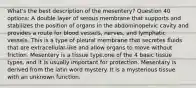 What's the best description of the mesentery? Question 40 options: A double layer of serous membrane that supports and stabilizes the position of organs in the abdominopelvic cavity and provides a route for blood vessels, nerves, and lymphatic vessels. This is a type of pleural membrane that secretes fluids that are extracellular-like and allow organs to move without friction. Mesentery is a tissue type,one of the 4 basic tissue types, and it is usually important for protection. Mesentary is derived from the latin word mystery. It is a mysterious tissue with an unknown function.