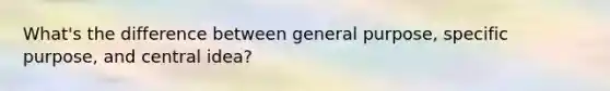 What's the difference between general purpose, specific purpose, and central idea?