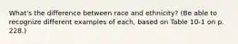 What's the difference between race and ethnicity? (Be able to recognize different examples of each, based on Table 10-1 on p. 228.)