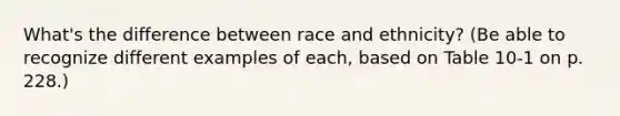 What's the difference between race and ethnicity? (Be able to recognize different examples of each, based on Table 10-1 on p. 228.)