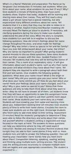 What's in a Name? Materials and preparation The Name Jar by Yangsook Choi Introduction (5 minutes) Ask students: When you think about your name, what emotions do you feel (if any)? Why? Give students a minute of thinking time, then have some students share. Explain that today, students will be learning and sharing more about their names. They will first read a story about a girl whose name had a special meaning, but who experienced many different emotions about her name. Tell students that it is a story that they may be able to relate to in one way or another. Explicit Instruction/Teacher modeling (30 minutes) Read The Name Jar aloud to students. If necessary, ask clarifying questions during the story to make sure students understand the plot of the story. When the story is complete, have students turn and talk to a neighbor to discuss the following questions: How did Unhei's feelings about her name change throughout the story, and what made her feelings change? Why was Unhei's name so special to her and her family? Have you ever felt embarrassed about your name, like Unhei? Why are names so important to people? After giving students several minutes to discuss these questions, have some students share out their answers with the class. Guided Practice (10 minutes) Tell students that now they will be writing the stories of their names. This is more of an explanatory story—it will give information about each student's name, such as why their name was given and what emotions they have about their name. Tell students they are required to write a paragraph about both their first and last names. Give students the following guiding questions: What does your name mean? What is the origin or your name? Why did your parents give you your name? Who or what does your name remind you of? How do you feel about your name? Have your feelings about your name changed, and if so, why? Why is your name so special to you? Stress that these questions are only to help them think about what they want to write—they do not have to answer all of them. Let students know that they will have an opportunity to take this assignment home and add to it in case they want to ask their parents more about their name. Show students your own name story as a model. Students will love knowing your first name and learning more about you. Independent working time (25 minutes) Give students plenty of time to write their name stories. Circulate the room to make sure students are on the right track. Encourage students who finish early to add more detail to their writing. Assessment (5 minutes) Read the students' paragraphs to determine if they were able to follow the directions and write about their names. Ask yourself whether a student's writing is organized and stays focused on the topic at hand. The answers to these questions can help you determine where he may still need explicit instruction. Review and closing (5 minutes) Remind students that tonight they can add to their name stories if they wish to. Have students turn and talk to answer the following question: How will hearing your classmates' name stories help you learn more about them? Composition listening, speaking, reading, writing, and thinking using multiple texts--writing process. The student uses the writing process recursively to compose multiple texts that are legible and uses appropriate conventions. The student is expected to —