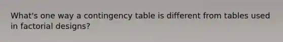 What's one way a contingency table is different from tables used in factorial designs?