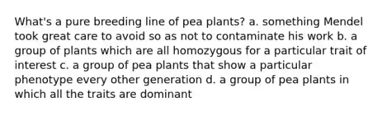 What's a pure breeding line of pea plants? a. something Mendel took great care to avoid so as not to contaminate his work b. a group of plants which are all homozygous for a particular trait of interest c. a group of pea plants that show a particular phenotype every other generation d. a group of pea plants in which all the traits are dominant