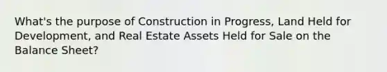 What's the purpose of Construction in Progress, Land Held for Development, and Real Estate Assets Held for Sale on the Balance Sheet?