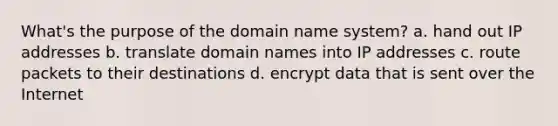 What's the purpose of the domain name system? a. hand out IP addresses b. translate domain names into IP addresses c. route packets to their destinations d. encrypt data that is sent over the Internet