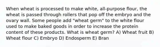 When wheat is processed to make white, all-purpose flour, the wheat is passed through rollers that pop off the embryo and the ovary wall. Some people add "wheat germ" to the white flour used to make baked goods in order to increase the protein content of these products. What is wheat germ? A) Wheat fruit B) Wheat flour C) Embryo D) Endosperm E) Bran