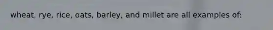 wheat, rye, rice, oats, barley, and millet are all examples of: