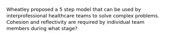 Wheatley proposed a 5 step model that can be used by interprofessional healthcare teams to solve complex problems. Cohesion and reflectivity are required by individual team members during what stage?