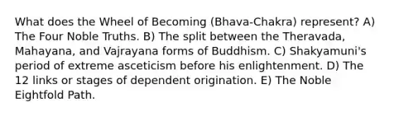 What does the Wheel of Becoming (Bhava-Chakra) represent? A) The Four Noble Truths. B) The split between the Theravada, Mahayana, and Vajrayana forms of Buddhism. C) Shakyamuni's period of extreme asceticism before his enlightenment. D) The 12 links or stages of dependent origination. E) The Noble Eightfold Path.