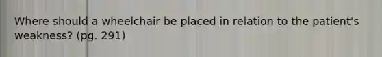 Where should a wheelchair be placed in relation to the patient's weakness? (pg. 291)