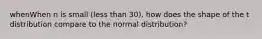 whenWhen n is small (less than 30), how does the shape of the t distribution compare to the normal distribution?​