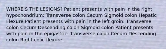 WHERE'S THE LESIONS? Patient presents with pain in the right hypochondrium: Transverse colon Cecum Sigmoid colon Hepatic Flexure Patient presents with pain in the left groin: Transverse colon Cecum Descending colon Sigmoid colon Patient presents with pain in the epigastric: Transverse colon Cecum Descending colon Right colic flexure