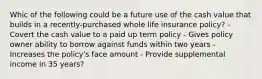 Whic of the following could be a future use of the cash value that builds in a recently-purchased whole life insurance policy? - Covert the cash value to a paid up term policy - Gives policy owner ability to borrow against funds within two years - Increases the policy's face amount - Provide supplemental income in 35 years?