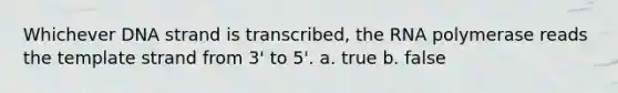 Whichever DNA strand is transcribed, the RNA polymerase reads the template strand from 3' to 5'. a. true b. false