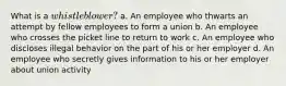 What is a whistleblower? a. An employee who thwarts an attempt by fellow employees to form a union b. An employee who crosses the picket line to return to work c. An employee who discloses illegal behavior on the part of his or her employer d. An employee who secretly gives information to his or her employer about union activity