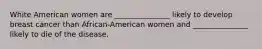 White American women are _______________ likely to develop breast cancer than African-American women and _______________ likely to die of the disease.