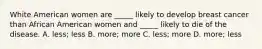 White American women are _____ likely to develop breast cancer than African American women and _____ likely to die of the disease. A. less; less B. more; more C. less; more D. more; less