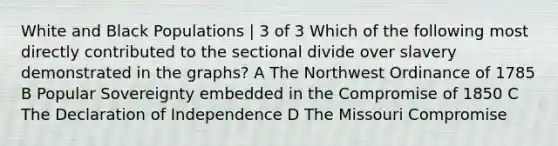 White and Black Populations | 3 of 3 Which of the following most directly contributed to the sectional divide over slavery demonstrated in the graphs? A The Northwest Ordinance of 1785 B Popular Sovereignty embedded in the Compromise of 1850 C The Declaration of Independence D The Missouri Compromise