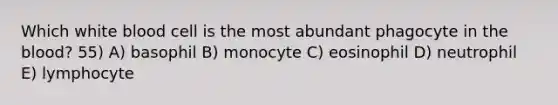 Which white blood cell is the most abundant phagocyte in the blood? 55) A) basophil B) monocyte C) eosinophil D) neutrophil E) lymphocyte