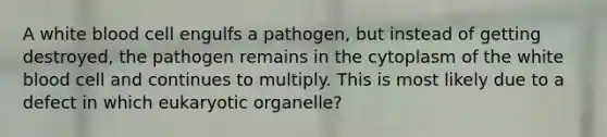 A white blood cell engulfs a pathogen, but instead of getting destroyed, the pathogen remains in the cytoplasm of the white blood cell and continues to multiply. This is most likely due to a defect in which eukaryotic organelle?