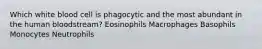 Which white blood cell is phagocytic and the most abundant in the human bloodstream? Eosinophils Macrophages Basophils Monocytes Neutrophils