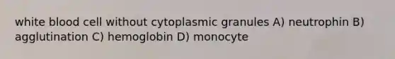 white blood cell without cytoplasmic granules A) neutrophin B) agglutination C) hemoglobin D) monocyte