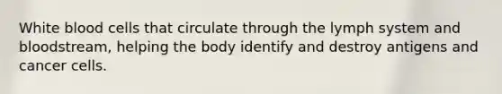 White blood cells that circulate through the lymph system and bloodstream, helping the body identify and destroy antigens and cancer cells.