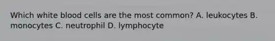 Which white blood cells are the most common? A. leukocytes B. monocytes C. neutrophil D. lymphocyte