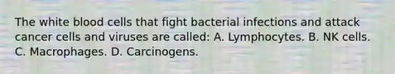 The white blood cells that fight bacterial infections and attack cancer cells and viruses are called: A. Lymphocytes. B. NK cells. C. Macrophages. D. Carcinogens.