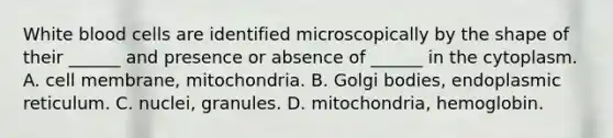 White blood cells are identified microscopically by the shape of their ______ and presence or absence of ______ in the cytoplasm. A. cell membrane, mitochondria. B. Golgi bodies, endoplasmic reticulum. C. nuclei, granules. D. mitochondria, hemoglobin.